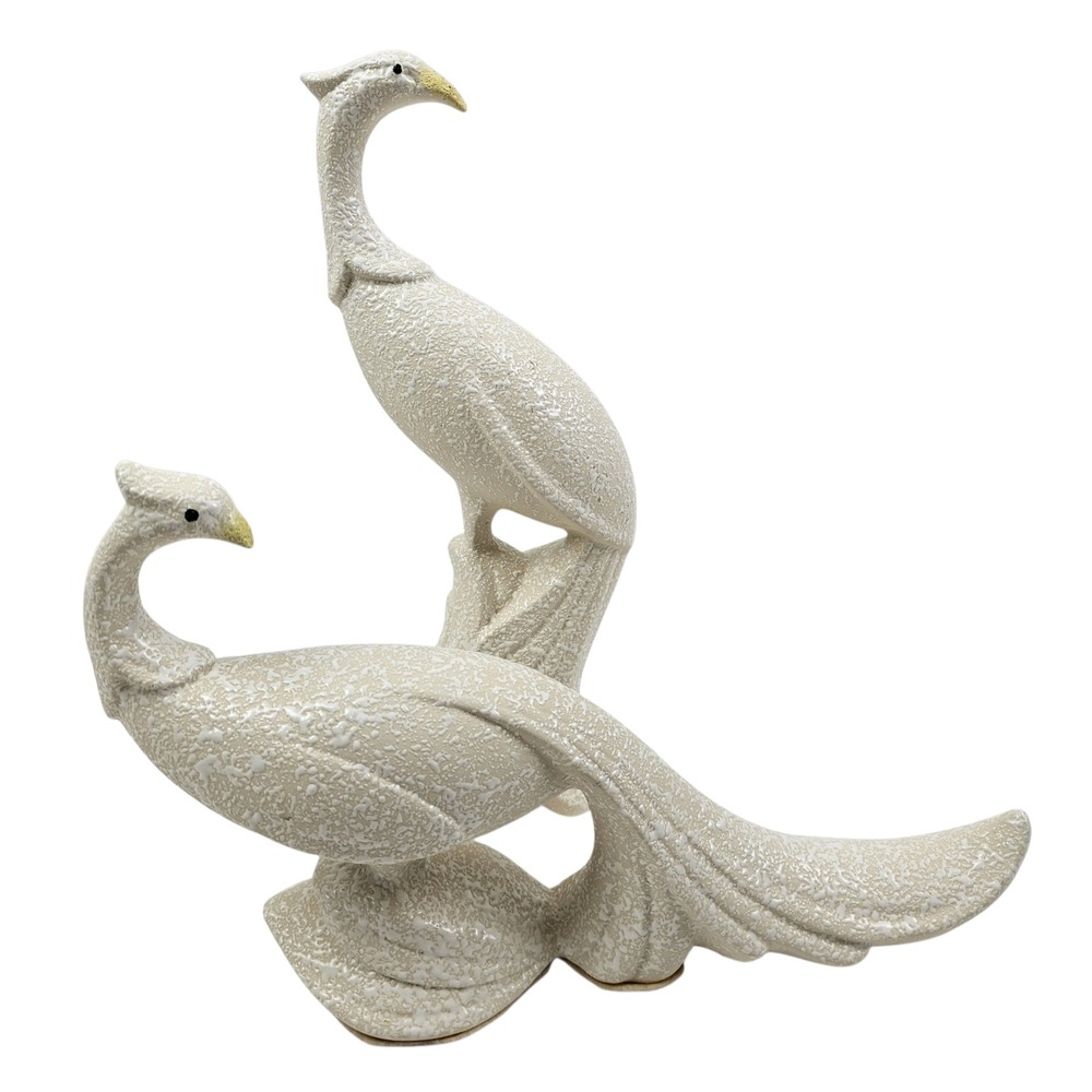 Vintage Textured Lava Glaze Ceramic Peacock Bird Figurines Set of 2 Off White